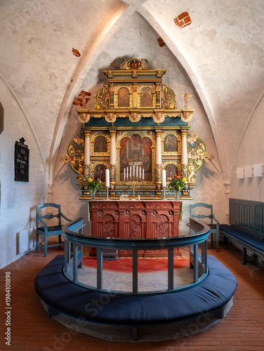 Altarpiece and altar rail in Sejerø Kirke, Sejerby, Sejerø island in Kattegat, Denmark