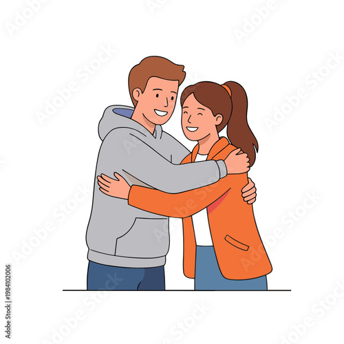 A man and woman share a warm hug in a casual setting.