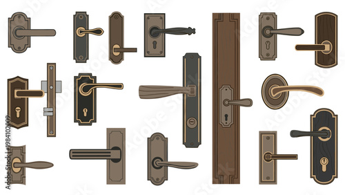 Large selection of various door handles and knobs in different vintage and modern styles made of wood and metal materials.