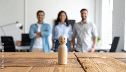 A smiling wooden figurine stands in focus before three blurred figures, symbolizing individuality, teamwork, and leadership within a group.