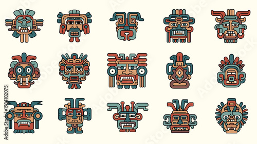Set of colorful Mayan or Aztec masks with intricate tribal patterns and symbolic expressions from ancient Central America.