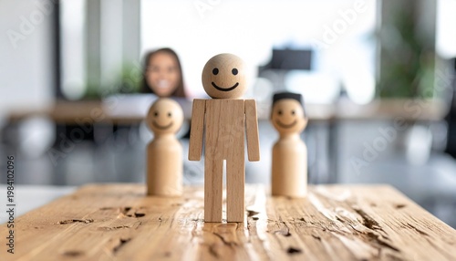 A smiling wooden figurine stands in focus before three blurred figures, symbolizing individuality, teamwork, and leadership within a group.