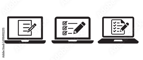 Three black laptop icons depicting writing checklists and documents in a stark silhouette high quality professional