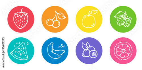 Circle stickers with fruit icons. Color labels with crayon outline orange, apple, strawberry and watermelon. Circle icons with doodle banana, cherry and raspberry, vector illustration