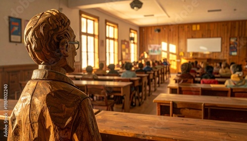 A wooden teacher figure leads students in a warm-lit classroom, symbolizing education, craftsmanship, and the timeless pursuit of knowledge.