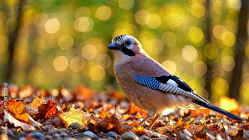 Eurasian Jay Bird Standing on Forest Floor Covered With Autumn Leaves, Close Up