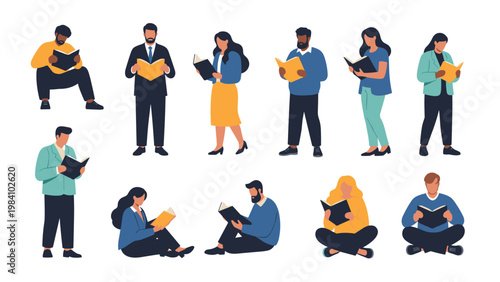 Human silhouettes are depicted in various seated and standing positions while deeply engaged in reading different books in a flat style.