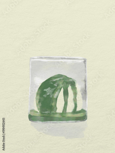 Watercolor Illustration of Matcha Green Tea Ice Cream in a Glass on Textured Paper Background