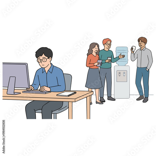 People working together in office with computer and water cooler nearby