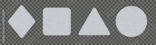 White denim patches different geometric shapes. Jean fabric pieces isolated on transparent background. Square, circle, triangle and rhombus with white denim texture and embroidery, vector illustration
