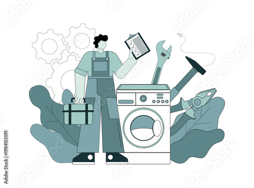 Repairman and washing machine concept.A home appliance repairman shows a list of completed tasks