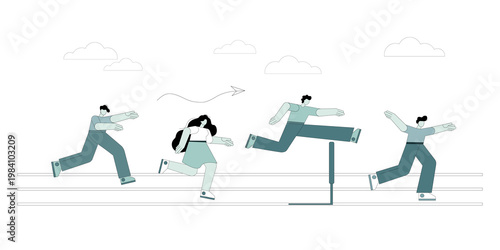 Running with obstacles. People run, overcoming obstacles, fighting for leadership. Struggling for victory