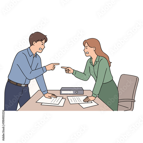 Businessman and businesswoman arguing at office desk with papers
