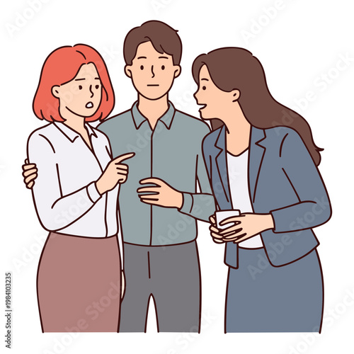 Three coworkers discussing and gesturing in an office setting together