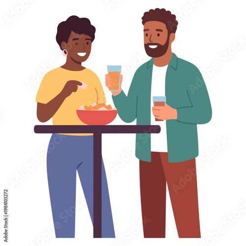 Two friends eating snacks and drinking together at a table indoors