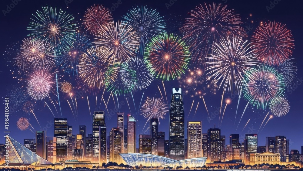 Obraz premium vibrant fireworks display over modern city skyline at night