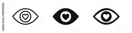 Eye with Heart Pupil Icon Set - Visual Love, Passion, and Observation Symbol