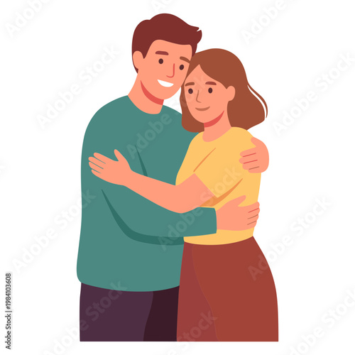 A man and woman hug each other warmly in a loving embrace indoors.