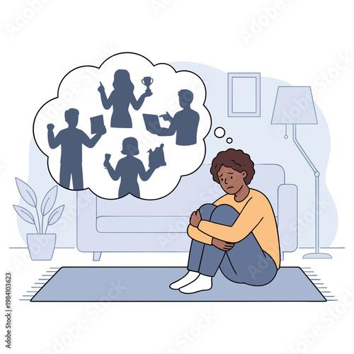 A woman sits on a rug in a living room, lost in thought with people in her mind.