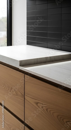 Modern kitchen countertop with sleek design and natural wood.