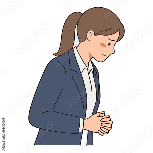 Woman in a blue suit feels unwell standing alone indoors