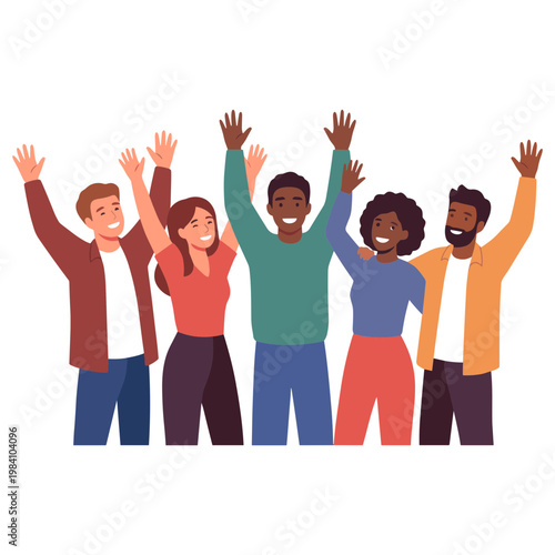 Diverse group of people celebrating with raised hands in unity and happiness indoors