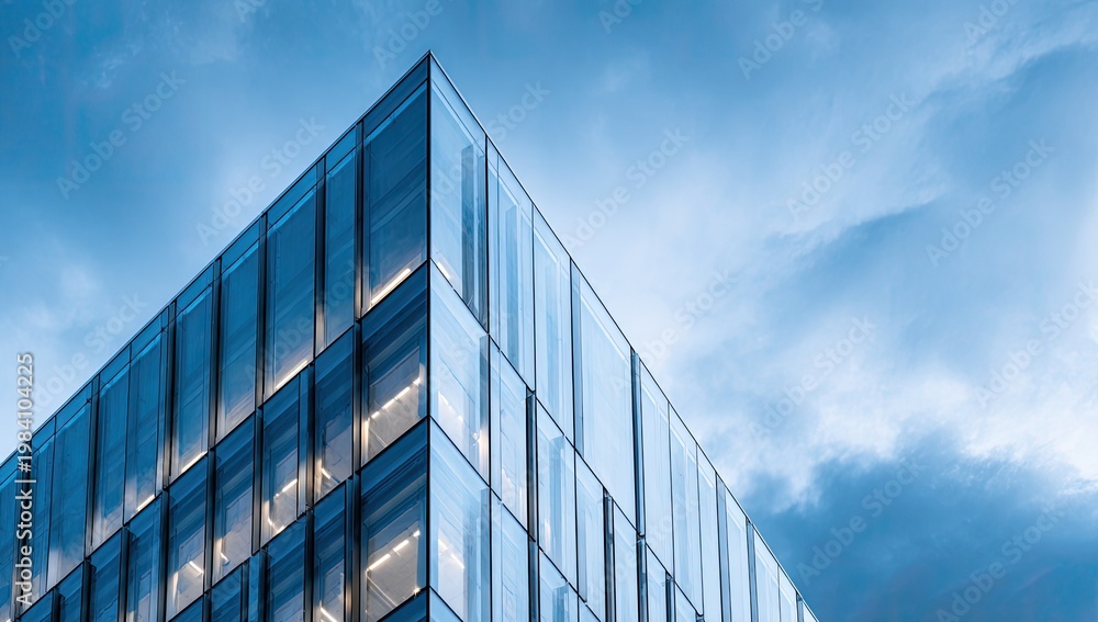 Obraz premium A modern glass skyscraper reaches towards a bright, cloudy sky.