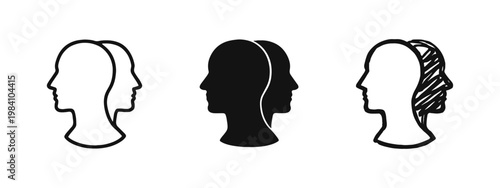 Overlapping Human Profiles Icon Set - Dual Personality, Empathy, and Connection Symbol