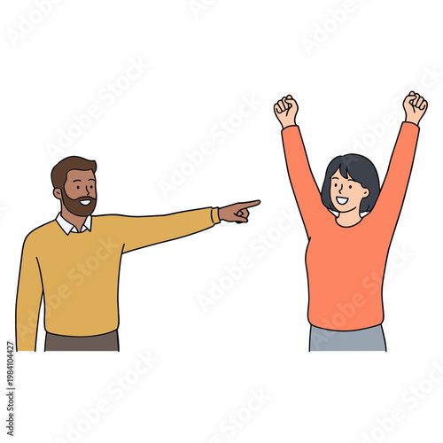 Man points at woman celebrating with raised fists in orange sweater