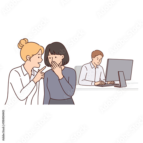 Two women discussing while a man works on a computer nearby office