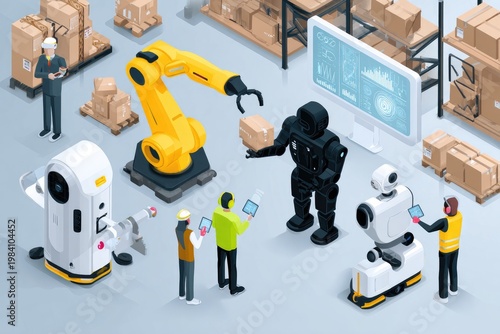 An isometric illustration depicts a futuristic warehouse environment with robots and human workers collaborating on logistics.