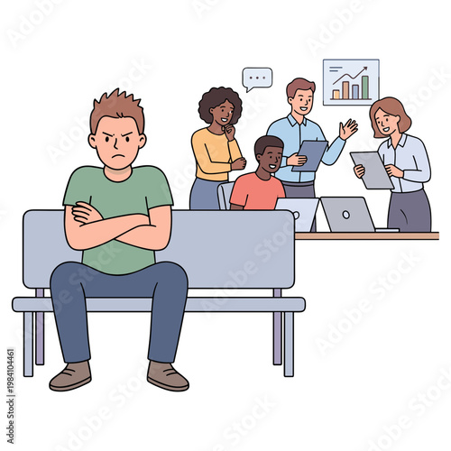 Man sits alone on a bench while colleagues interact and discuss behind him in office