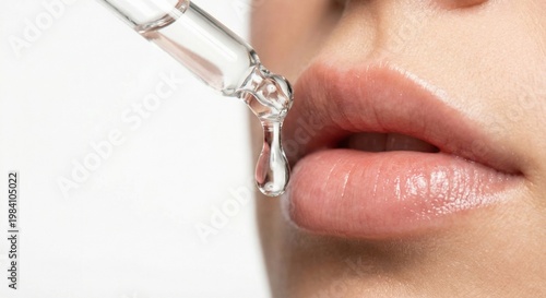 Clear glossy serum drop hanging near soft lips