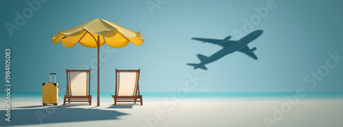  Two lounge chairs, a vivid yellow umbrella, rolling luggage, and a soaring airplane shadow define summer escape.