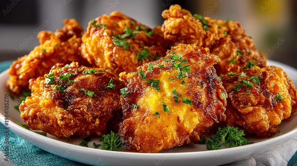 Fototapeta premium Crispy Golden Fried Chicken Pieces on Plate Garnished with Fresh Herbs and Parsley Served on a Wooden Table in a Professional Kitchen Environment