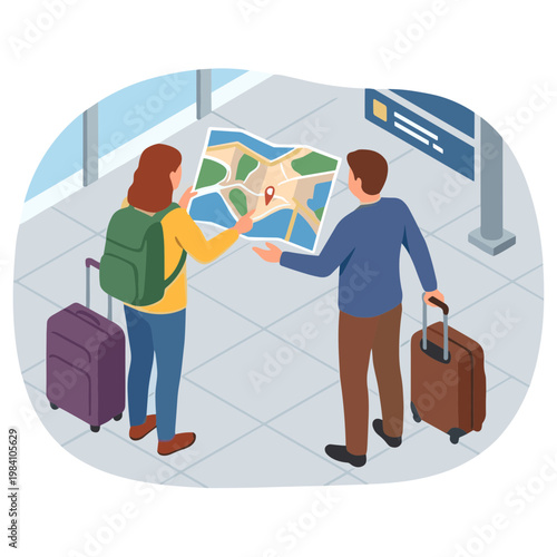 Couple planning trip with map at airport terminal with luggage