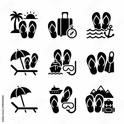 Mixed summer travel icons featuring flip flops luggage and beach accessories in silhouette style