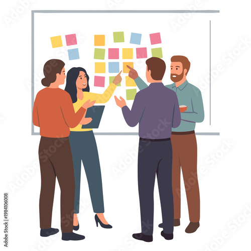 People discussing and sticking notes on a board in office