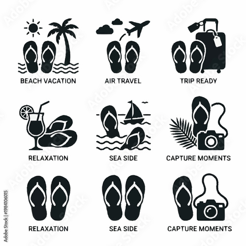 Summer vacation flip flop icons with beach themed elements including travel and relaxation symbols