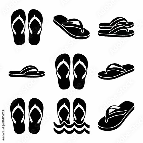 Assorted flip flop sandals icons and silhouettes in multiple styles