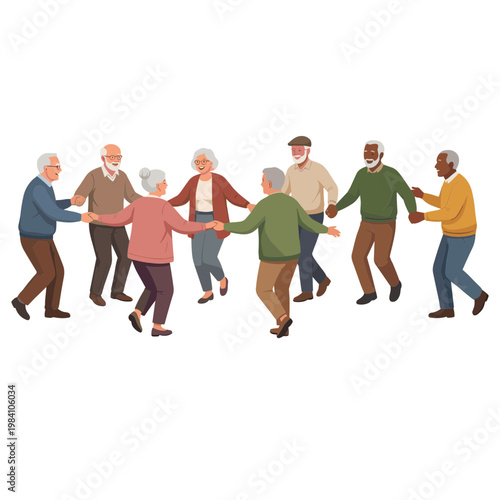 Elderly people from diverse backgrounds join hands in a circle and dance together outdoors