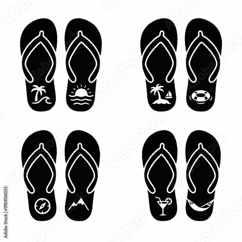 Set of black flip flop sandals silhouettes collection