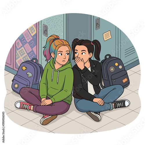 Two teenage girls sitting on floor near school lockers chatting