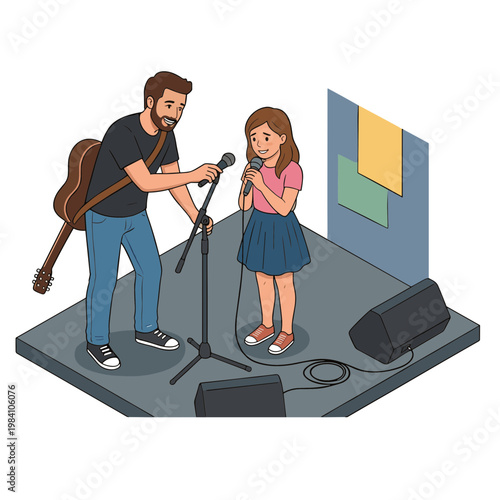 Man plays guitar and sings with a young girl on a small indoor stage