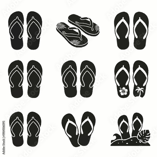 Flip flop sandals silhouettes arranged in grid layout showing different footwear styles