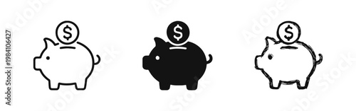 Piggy Bank Savings Icon Set - Money Box with Dollar Coin in Outline, Glyph, and Hand Drawn Styles