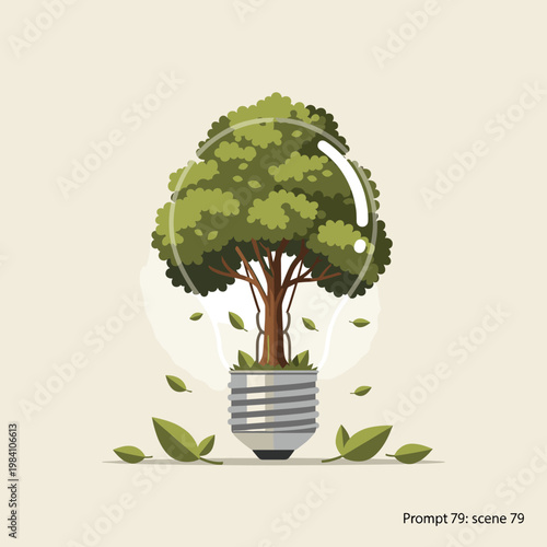 A vibrant green tree growing inside a clear glass lightbulb, symbolizing eco-friendly energy and innovation.