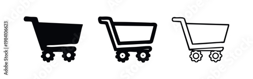 Shopping cart with gear wheels icon set, e-commerce automation and process symbol, industrial retail illustration