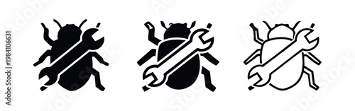 Bug with wrench tool icon set, software debugging and computer fix symbol, system maintenance, vector silhouette