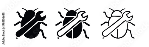 Software bug fix with wrench icon set, computer programming debugging symbol, technical repair, vector illustration
